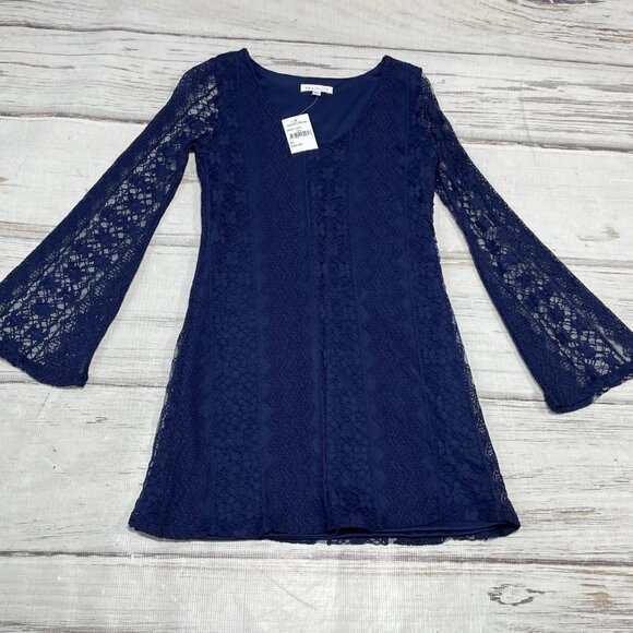 Socialite Dress NWT V-Neck Lace Sheer Flare Sleeves Blue XS - Picture 1 of 11